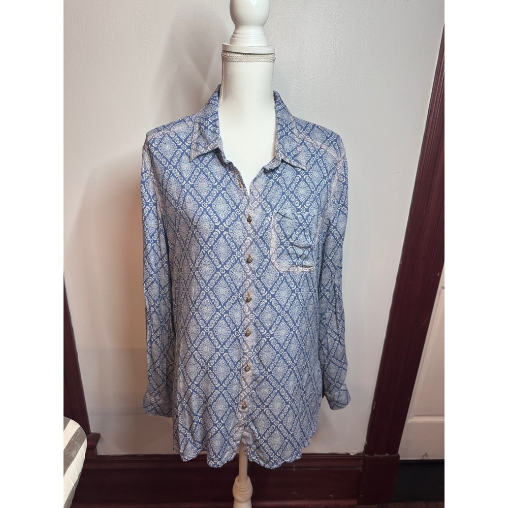Aratta Silent Journey Womens Blue Medallion Floral Mixed Print Button Down L
